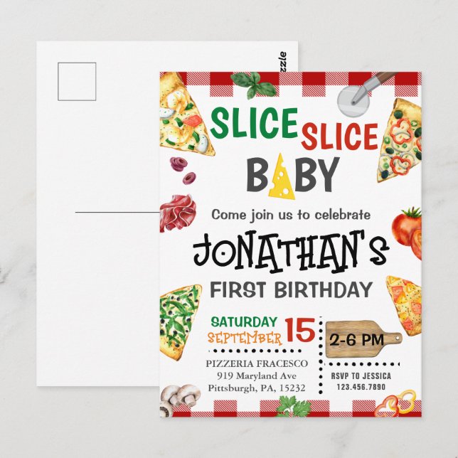 Slice Slice Baby Pizza Party 1st Birthday Postcard (Front/Back)