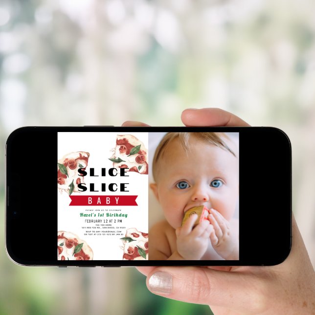 Slice Slice Baby Pizza Photo 1st Birthday Invitation (Front Digital)