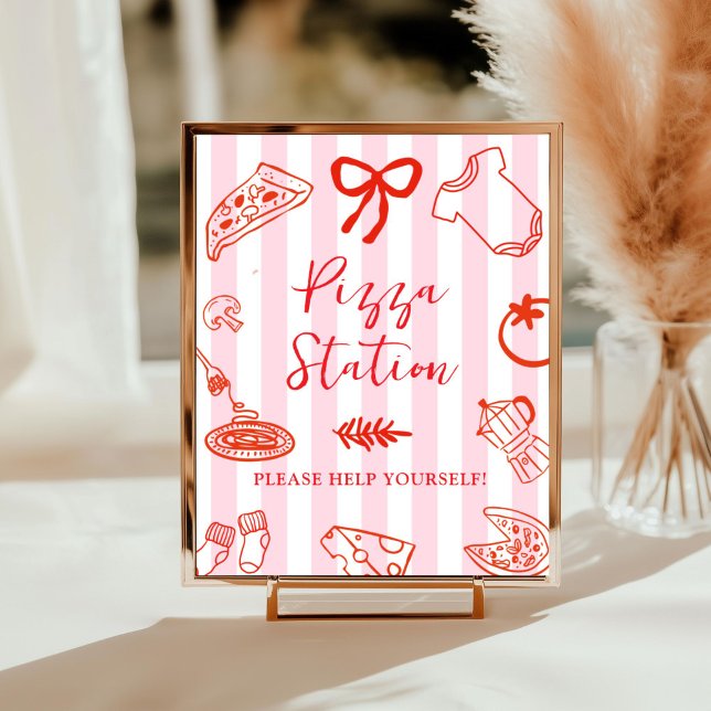 Slice Slice Baby Pizza Station Sign (Red and Pink Pizza station baby shower sign)