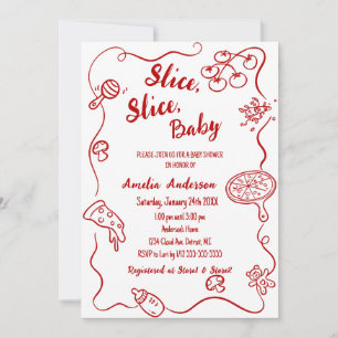 Slice Slice Baby   Red Doodle Pizza Baby Shower Invitation