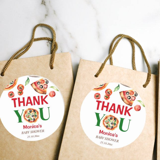 Slice slice baby shower Italian pizza favor  Classic Round Sticker (Slice slice baby shower Italian pizza favor Sticker pizza party thank you stickers red green white)