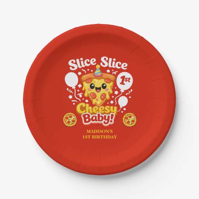 Slice Slice Cheesy Baby Pizza 1st Birthday Paper Plates (Front)