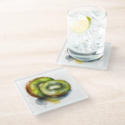 Sliced juicy kiwi fruit in green watercolor glass coaster