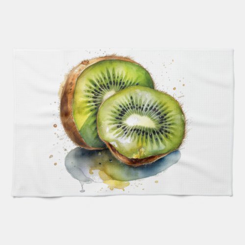 Sliced juicy kiwi fruit in green watercolor kitchen towel