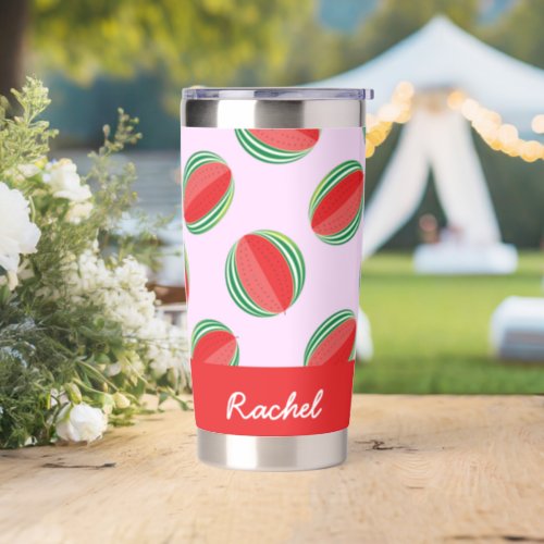 Sliced watermelon pattern on pink insulated tumbler