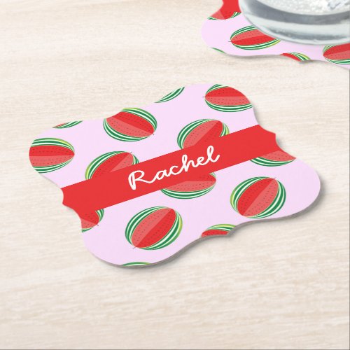 Sliced watermelon pattern on pink paper coaster