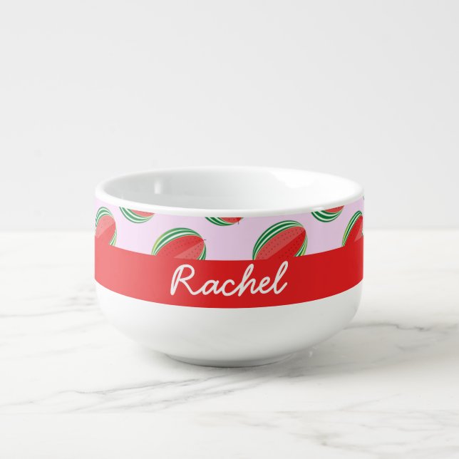 Sliced watermelon pattern on pink soup mug (Front)