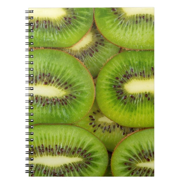 Slices of fresh and ripe kiwi fruit in rowsbrown,c notebook (Front)