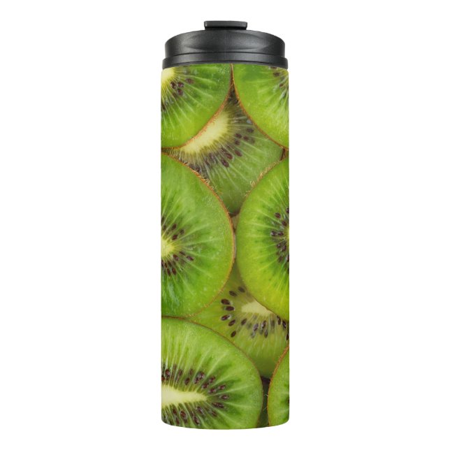 Slices of fresh and ripe kiwi fruit in rowsbrown,c thermal tumbler (Front)