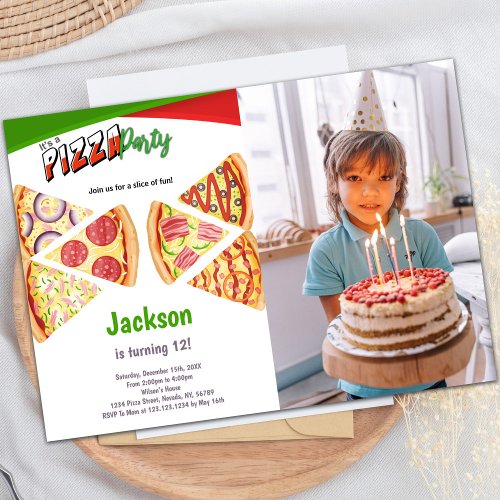 Slices Pizza Birthday Invitations with photo
