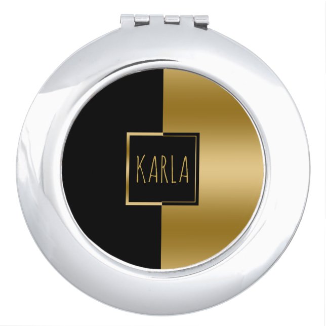 Slick Gold & Black Geometric Design Compact Mirror (Front)