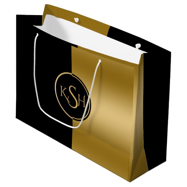 Slick Gold & Black Modern Geometric Design Large Gift Bag (Front Angled)