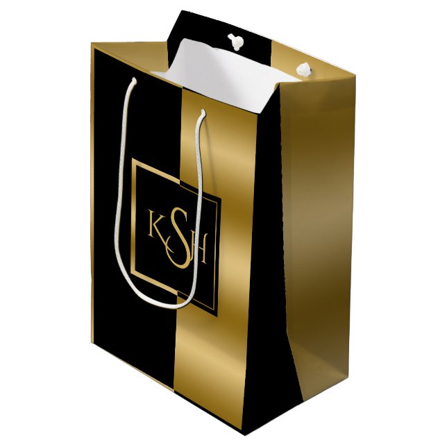 Slick Gold & Black Modern Geometric Design Medium Gift Bag (Front Angled)