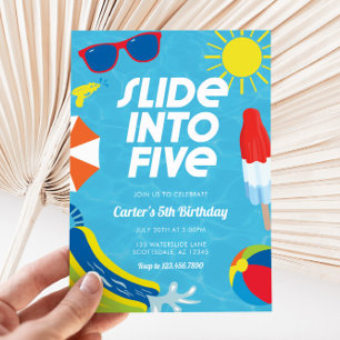 Slide into Five Waterslide 5th Birthday Invitation