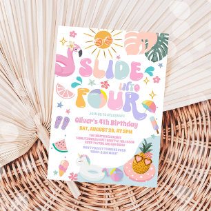 Slide Into Four Pool Party Summer 4th Birthday Invitation