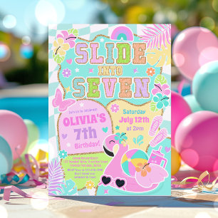 Slide Into Seven Preppy Girl Pool Party Birthday Invitation