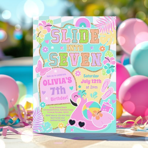 Slide Into Seven Preppy Girl Pool Party Birthday Invitation
