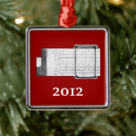 Slide Rule Metal Ornament<br><div class="desc">Photograph of the end of a slide rule on burgundy background with the year (customizable) printed below.</div>