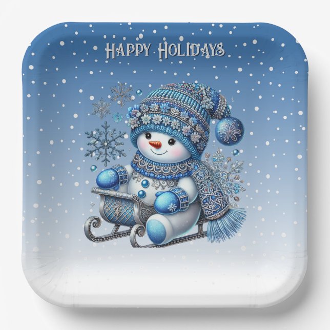 Sliding Snowman Christmas Holiday Paper Plate (Front)