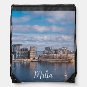 Sliema harbor and skyscrapers in Malta Drawstring Bag