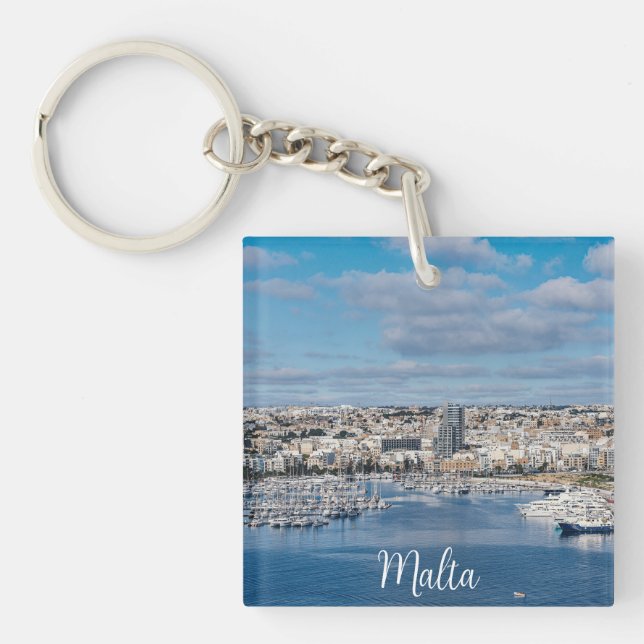 Sliema harbor with modern buildings and boats keychain (Front)