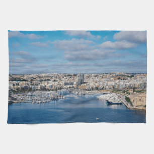 Sliema harbor with modern buildings and boats kitchen towel