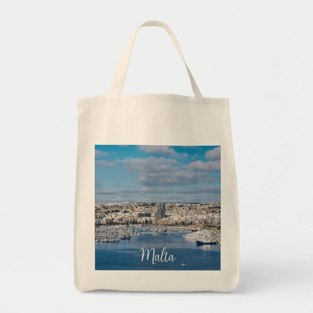 Sliema harbour with modern buildings and boats tote bag (Front)