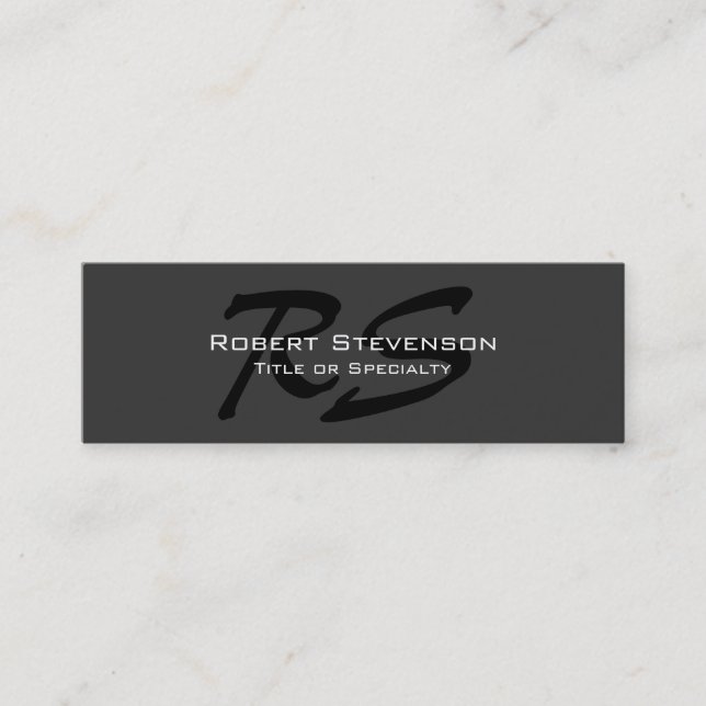 Slim Gray Black Script Monogram Mini Business Card (Front)