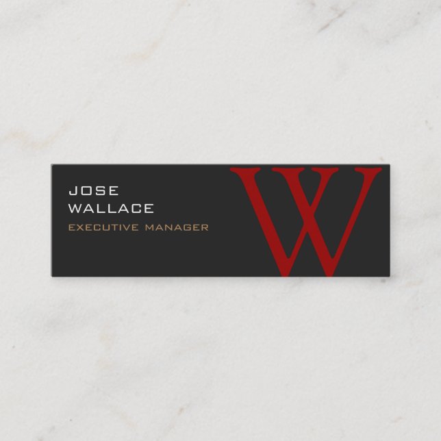 Slim Grey Red Monogram Trendy Modern Plain Mini Business Card (Front)