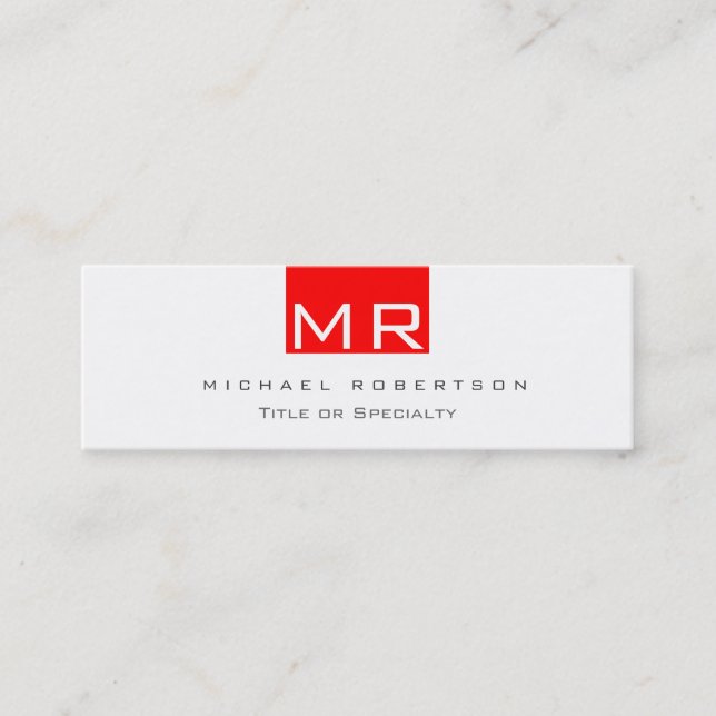 Slim Modern Monogram White Red Business Card (Front)