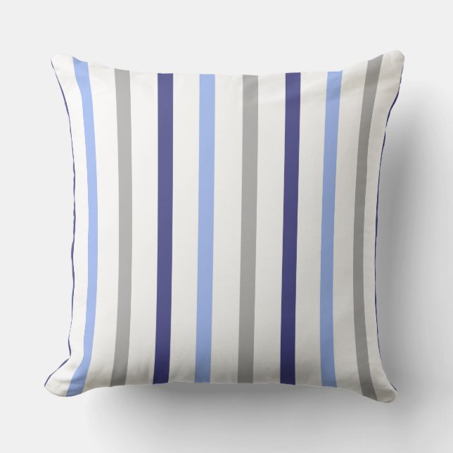 Slim Stripes White Gray & Blues Throw Pillow (Front)