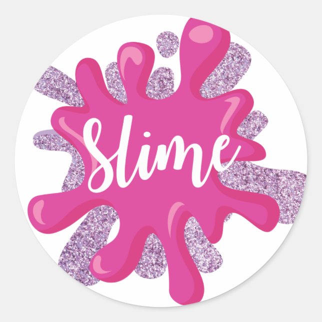 Slime birthday favor stickers in pink and purple (Front)