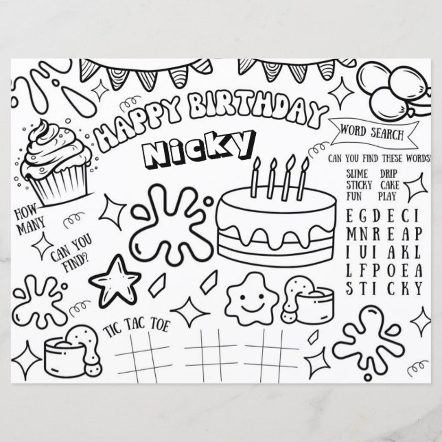 Slime Birthday Party Coloring Page Activity Kids (Front)