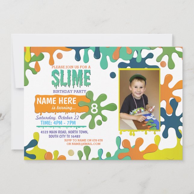 Slime Birthday Party Dripping Photo Invite 5 6 7 8 (Front)