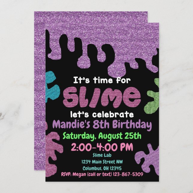 Slime birthday party invitation; slime lab; girls invitation (Front/Back)