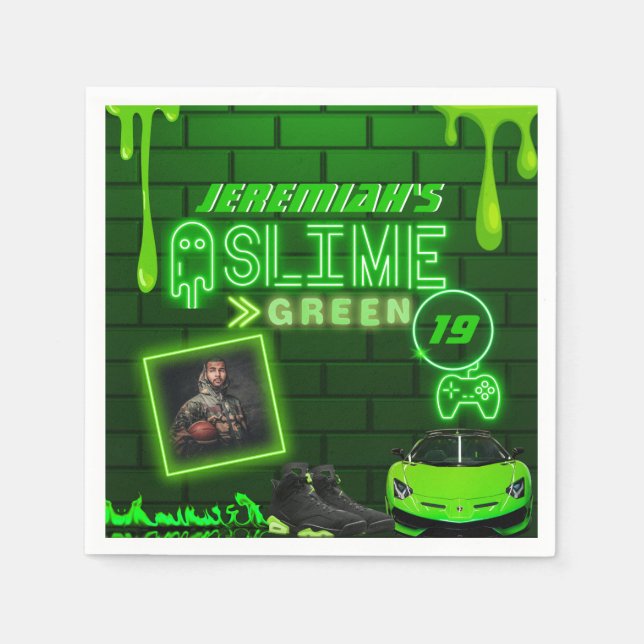 Slime Green | Photo Birthday Party Neon Green Napkins (Front)