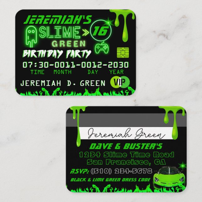 Slime Green VIP Birthday Credit Card Invitations (Front/Back)