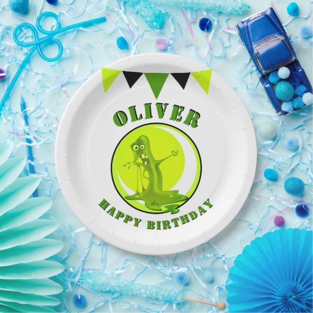 Slime Monster Funny Kid`s Name Happy Birthday Paper Plates (Party)