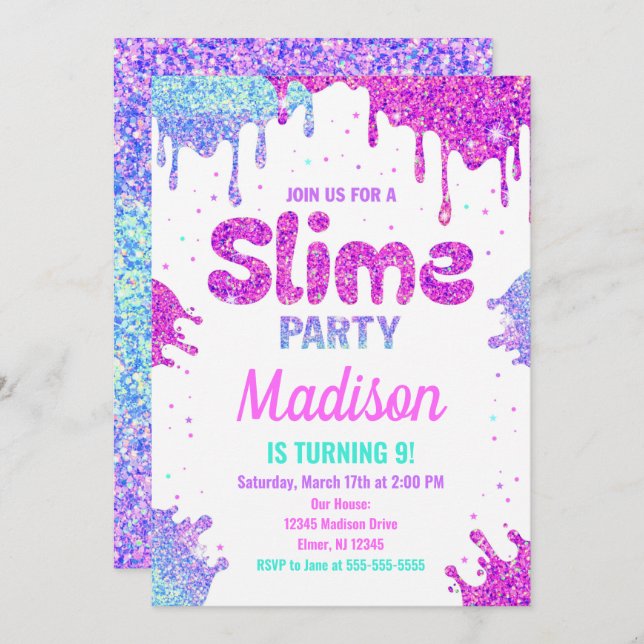 Slime Party Birthday Invitation Glitter (Front/Back)