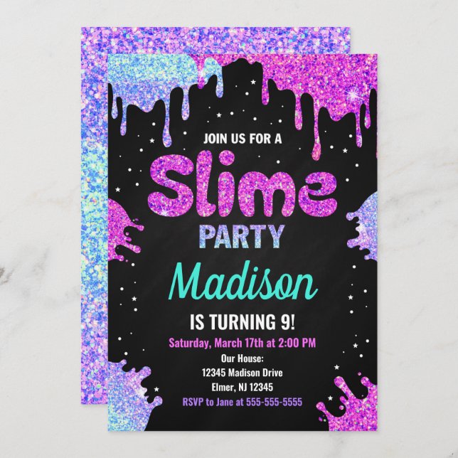 Slime Party Birthday Invitation Glitter (Front/Back)
