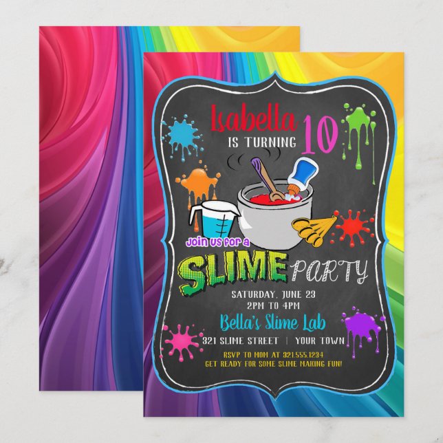 Slime Time Primary Rainbow Birthday Party Invitati Invitation (Front/Back)