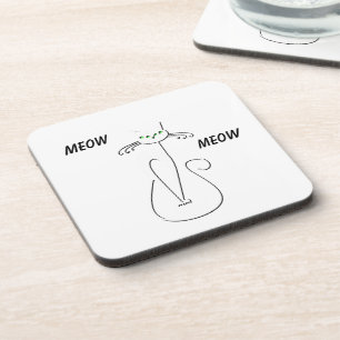 Slinky Black Cat Meow Meow Custom Text Green Eyes Beverage Coaster