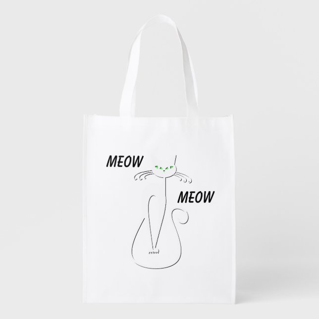 Slinky Black Cat Meow Meow Custom Text Green Eyes Grocery Bag (Front)