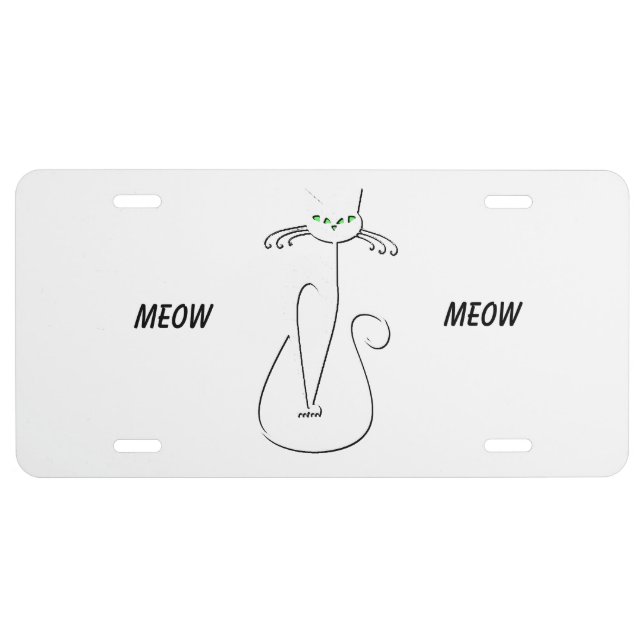 Slinky Black Cat Meow Meow Custom Text Green Eyes License Plate (Front)