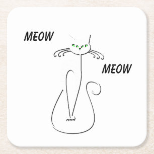 Slinky Black Cat Meow Meow Custom Text Green Eyes Square Paper Coaster