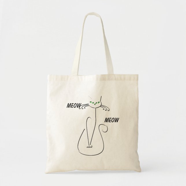 Slinky Black Cat Meow Meow Custom Text Green Eyes Tote Bag (Front)