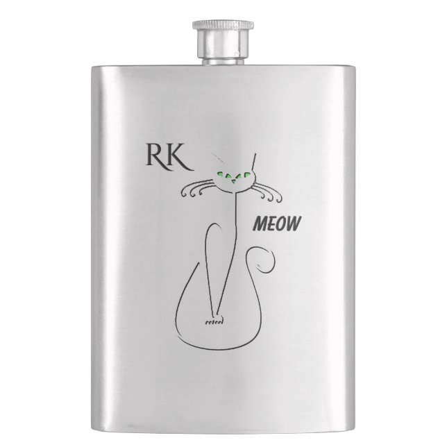 Slinky Black Cat Meow Meow Green Eyes Monogramr Flask (Front)