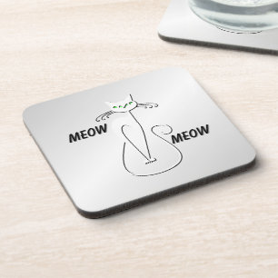 Slinky Black Cat Meow Meow Green Eyes on silver Beverage Coaster