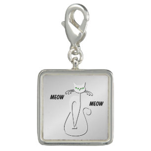 Slinky Black Cat Meow Meow Green Eyes on Silver Charm
