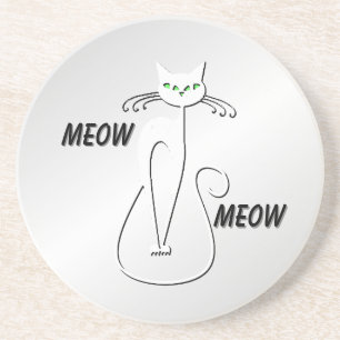 Slinky Black Cat Meow Meow Green Eyes on silver Coaster